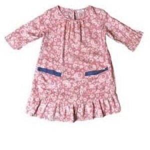 Mini Boden Girls Pink Floral Ruffle Dress 3/4 Sleeve Pockets Size 5-6Y